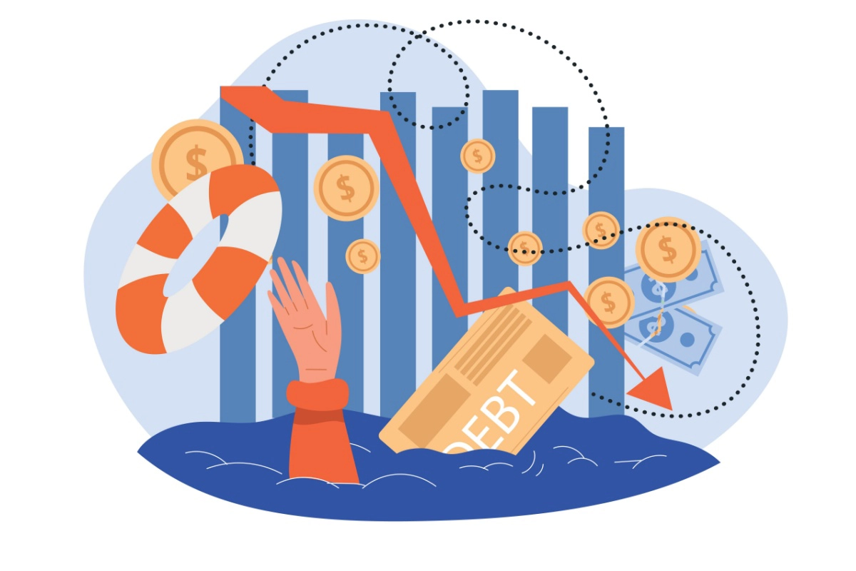 An illustration of someone drowning in debt